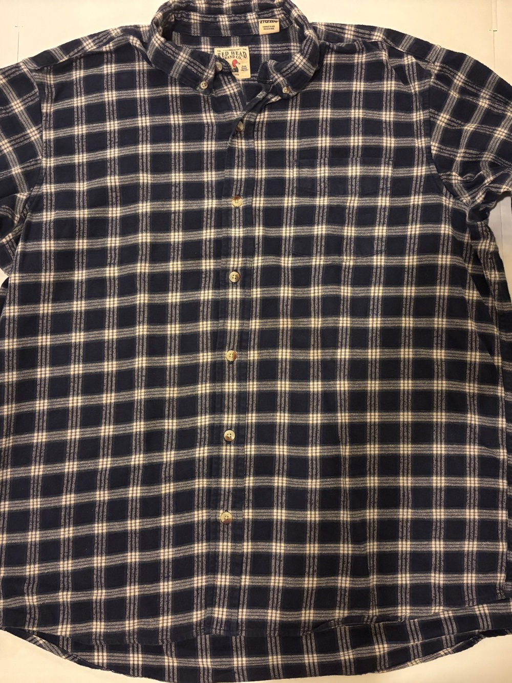 Red Head Blue and White Plaid flannel Button-Down Shirt. Men's 2XL.